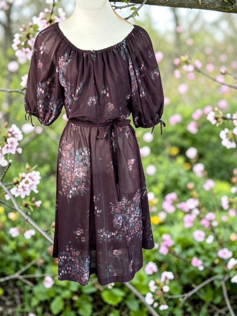 Patty O'Neil Vintage 70s 80s Plum Floral Scoop Neck Peasant Dress Size 5